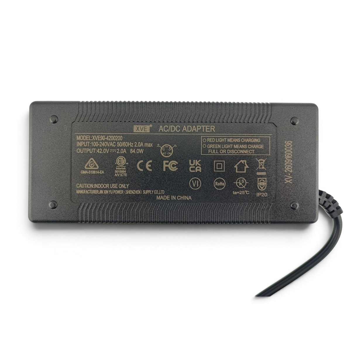 Escooterparts 42V 2A lithium battery charger for 36V electric bikes with 4-pin XLR connector and black casing.