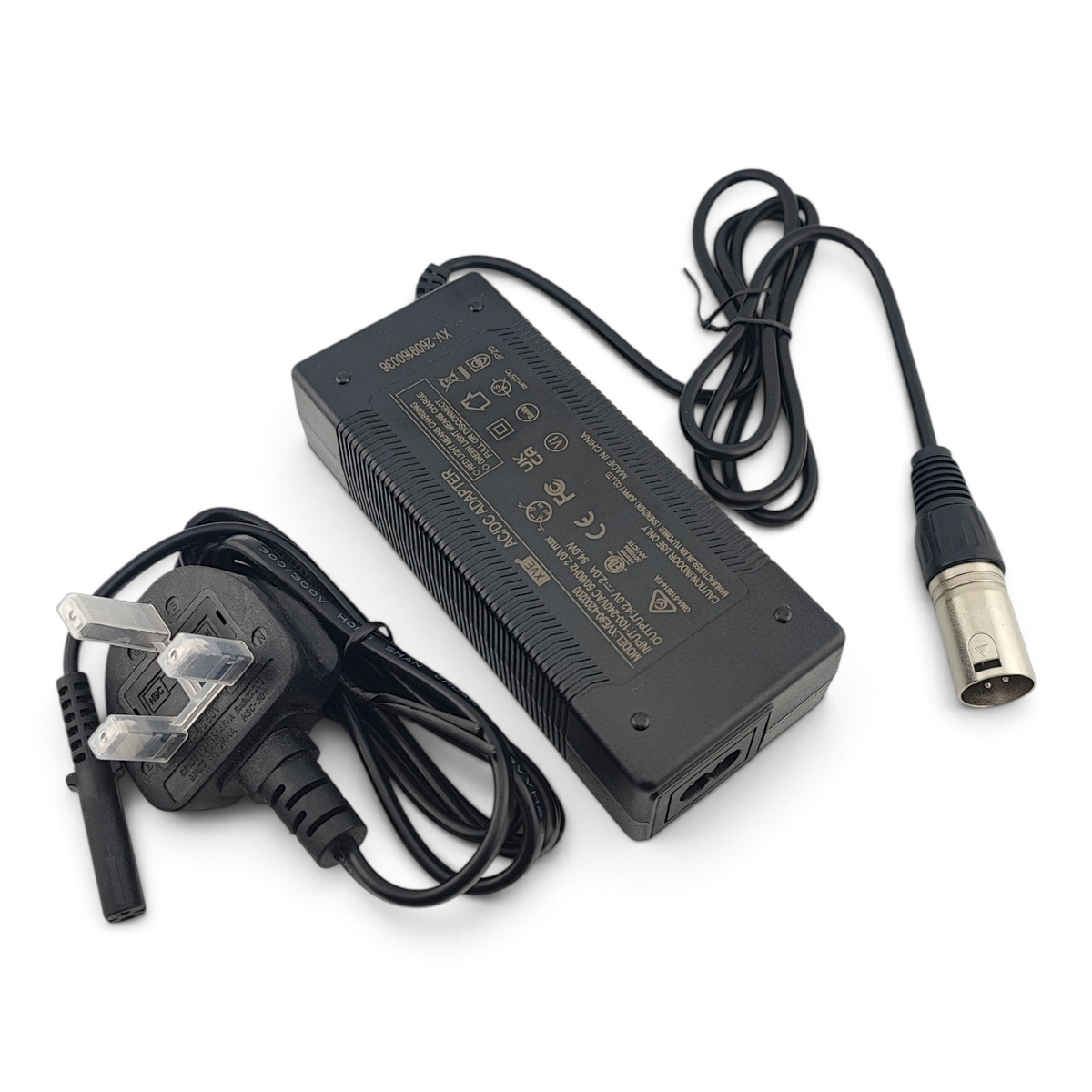 Escooterparts 42V 2A lithium battery charger with 4-pin XLR connector and UK 3-pin plug for 36V electric bikes