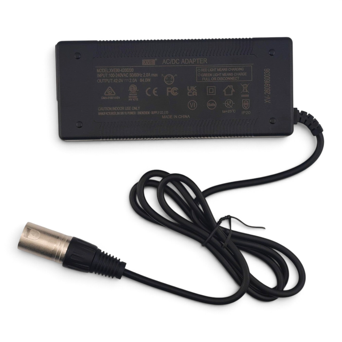 Escooterparts 42V 2A lithium battery charger with 4-pin XLR connector for 36V electric bikes and scooters