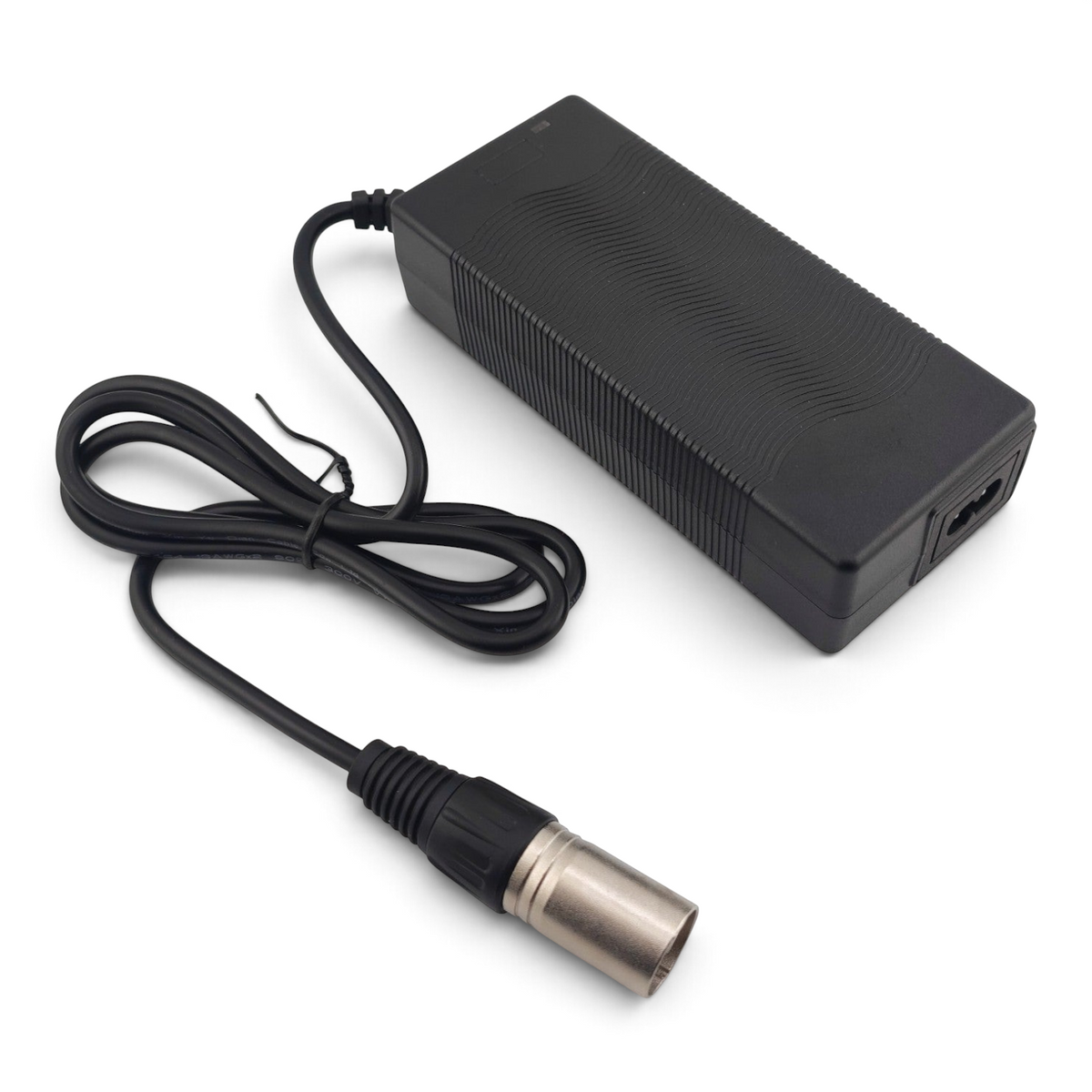 Escooterparts 42V 2A lithium battery charger with 4-pin XLR connector for 36V electric bikes in black.